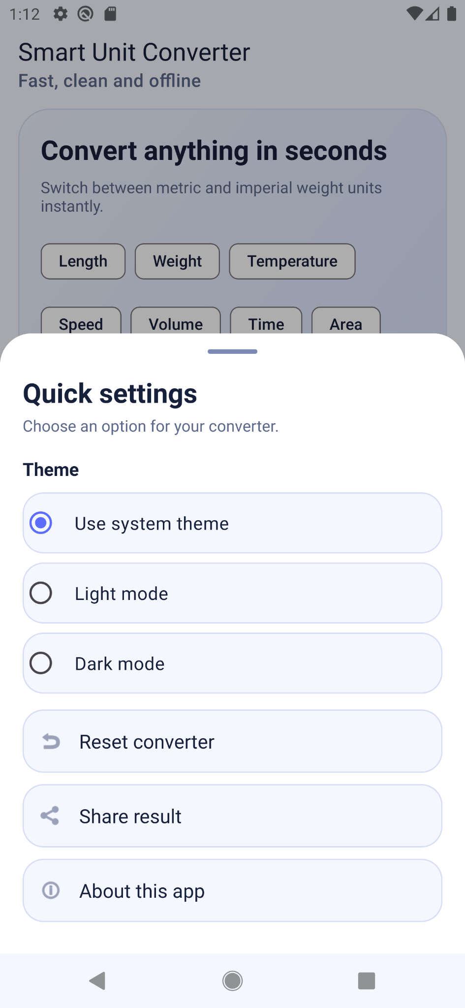 Quick settings screen